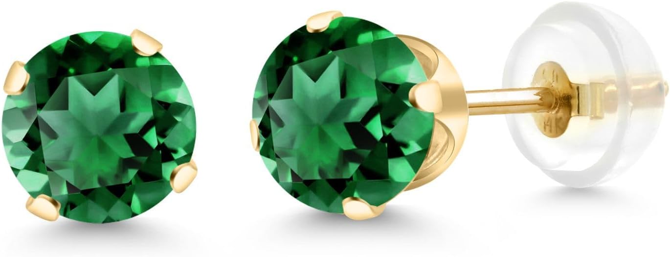 Gem Stone King 14K Gold Gemstone Birthstone Solitaire Stud Earrings | Round 6MM | Gold Earrings For Women Men
