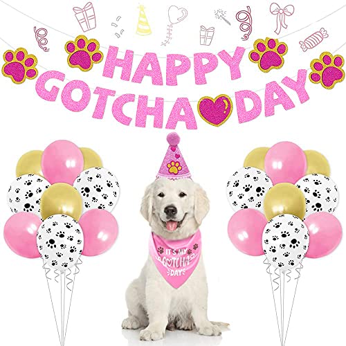 SINFUN Happy Gotcha Day Dog Bandana- Dog Birthday Party Supplies Boy Girl Gotcha Day Triangle Scarf with Hat Banners Balloons Its My Gotcha Day Bibs Adoption Party Decor for Small Large Dogs-Pink