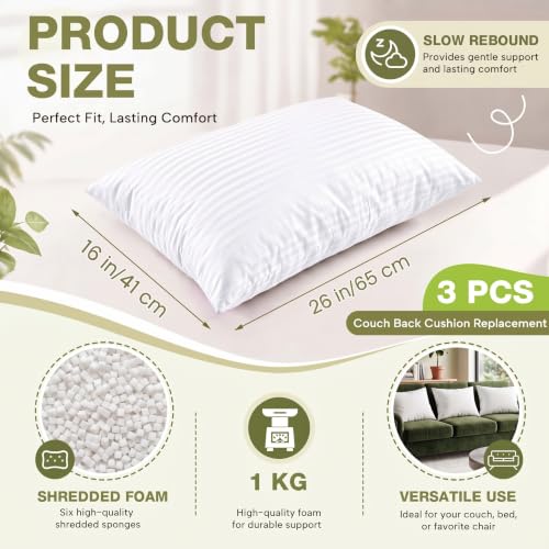 Image of Leinuosen 3 Pcs 16x26 Shredded Memory Foam Couch Back Cushion Replacement, Zippered Pillow Inserts with Breathable Polyester Satin Cover, Lumbar Support for Sofa Chair Floor, Fits 18x28 Pillow Cover