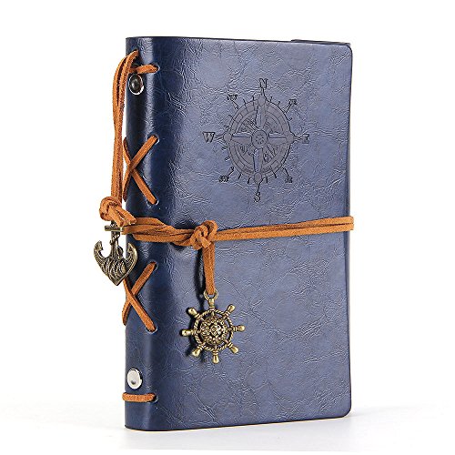Leather Writing Journal Notebook, EvZ 5 Inches Vintage Nautical Spiral Blank String Diary Notepad Sketchbook Travel to Write in, Unlined Paper, Retro Pendants, Classic Embossed, Dark Blue