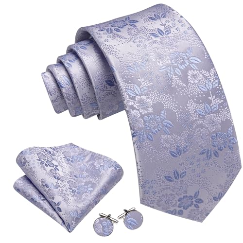 Image of Barry.Wang Flower Ties for Men Silk Woven Floral Tie Sets Necktie Handkerchief Cufflinks Wedding Party