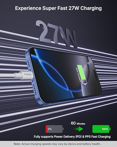 Image of FEDUS ZETTA-X4I 27W Type C to 8 PIN Cable 1M, PD Fast Charging for iPhone 14 /13 /12 /11PRO MAX /Xr /Xs /8 PLUS, iPad,Smart Chip, High Speed 480Mbps Data Sync, 10000+ Bend Lifespan, Tough Cord, White
