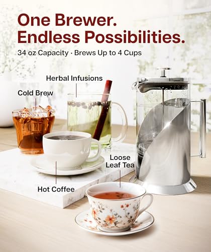Image of Cafe Du Chateau Stainless Steel French Press Coffee Maker 34 oz - Insulated Coffee Press with 4-Level Filtration, Manual Brewer for Tea, Camping & Travel, BPA-Free Glass (Pack of 2)