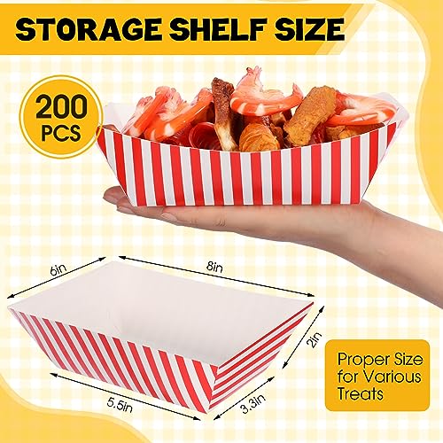 Sliner 200 Pcs Paper Food Trays Boat 2 lb Large Disposable Striped Food Serving Trays for Nachos Hot Dog Picnics Birthday Weddings Carnival Party Supplies(Red and White)