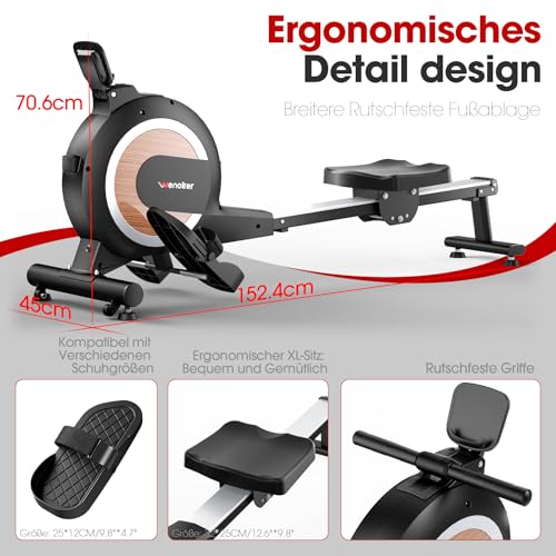 [2026 Neu] Wenoker Magnet Rudergerät für Zuhause – 16/32 Stufen leiser Magnetwiderstand, Bluetooth APP Verbindung, 160 kg Belastbarkeit, LCD-Monitor intelligenter Drehknopf, Indoor Cardio Training