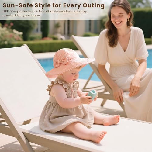 Konssy Muslin Baby Sun Hat, UPF 50+ Sun Protection Wide Brim Summer Beach Hat with Chin Strap, Breathable Bucket Hat4