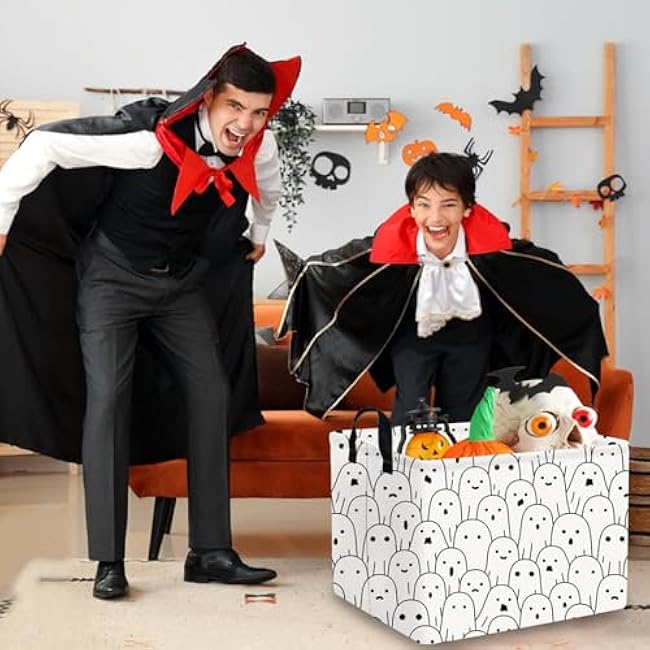 Rectangular Halloween Basket,Trick or Treat Basket for Boys and Girls,Waterproof collapsible storage box,Halloween Decor,Gift box(Little ghost)