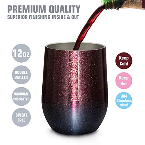 Stainless Steel Wine Tumbler with Lid, Fungun 4 Pack 12 OZ | Double Wall Vacuum Insulated Travel Tumbler Cup for Coffee, Wine, Cocktails, Ice Cream Cup With Lid and Straw
