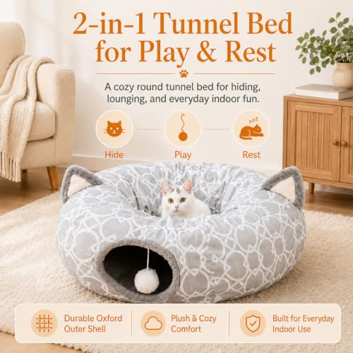 Image of Geometric Cat Tunnel Bed Under Christmas Tree Oxford Outside with Plush Inside,Cats Toys Collapsible Tunnel Tube with Balls, for Rabbits, Kittens, Ferrets,Puppy 3FT