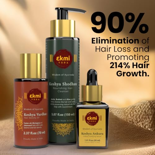 Image of Ekmiveda Hair Growth Set with Ayurvedic herbs- Amla, Bhringraj, Castor Oil, Rosemary for hair growth. Sulfate free hair thickening products for women, men. 3 pcs - Oil, Shampoo & Serum, 8.45 fl oz