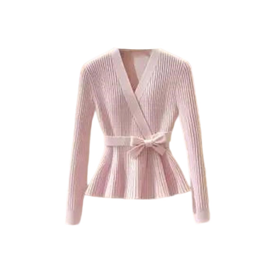 Women V-Neck Bow Tie Knitted Pullover Long Sleeve Sweater Tops Casual Business