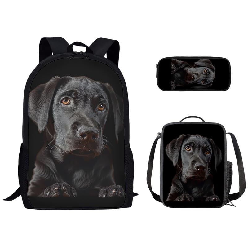 Daulesho Black Labrador Dog Bookbag and Lunch Box Set 3D Vivid Labrador Puppy Elementary Middle School College Book Bag 3PCS Cute Animal Backpack for
