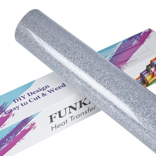 FUNKAKA Glitter Silver HTV Heat Transfer Vinyl Rolls, 12″ x 8ft PU Iron on Vinyl for T-Shirt Silver Glitter HTV Vinyl for All Cutter Machines Easy to Cut & Weed for Heat Vinyl Design