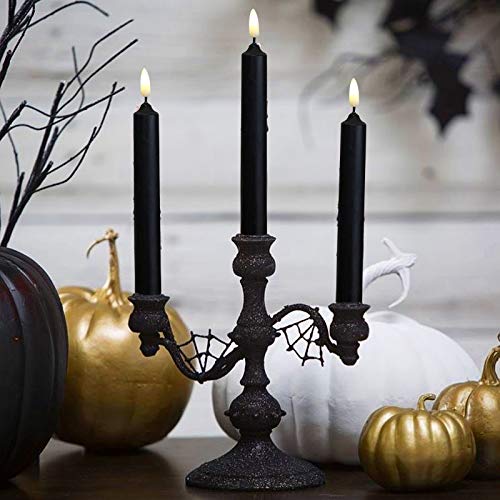 Halloween 6PACK Black Wax Flameless Battery Powered Windows Candles with Remote and Timer & Candlestick. Removable Black Candleholders. Remote Included. - Thumbnail 3