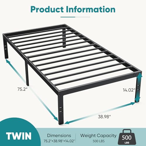 Image of OLIXIS Metal Twin Bed Frame - 14in High with Storage Space, No Box Spring Needed with Sturdy Steel Slat Support, 800LBS Heavy Duty for Easy Assembly, Black for Bedroom