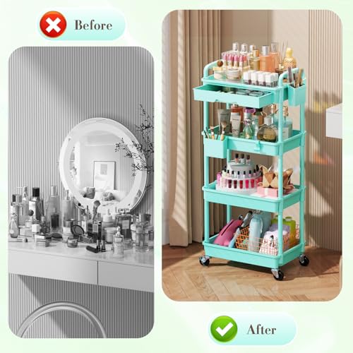 Image of SUNALLY Makeup Cart Organizer with Drawer, 4 Tier Rolling Makeup Cart, Blue