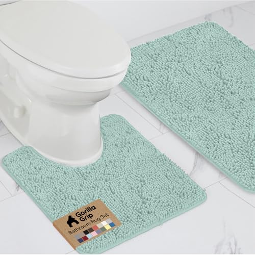 Image of GORILLA GRIP Bathroom Rug Sets, Soft Chenille 2 Piece Area Rugs Set, Toilet Base Mat and 30x20 Carpet, Absorbent Microfiber Washable Mats Dry Quickly, Home Decor and Bath Room Accessories, Seablue