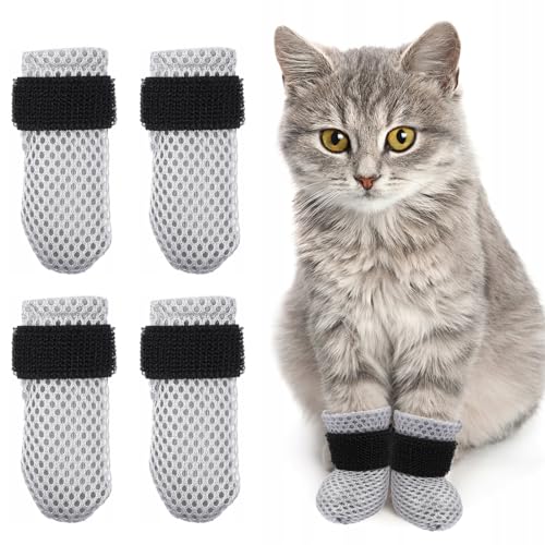 4 Stück Anti-Kratz-Katzenstiefel Verstellbare Katzenkrallenabdeckungen rutschfest Kleine Hundesocken socken für Katzen Netzstoff Hundeschuhe Katzenfäustlinge zum Schneiden von Nägeln Haustier Baden