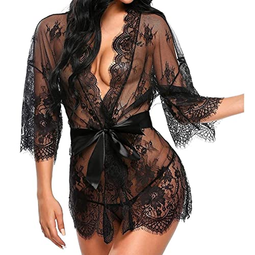 UMIPUBO Femmes Vêtements de Nuit Sexy Lingerie Dentelle Mis en Maille Nuisette Chemise de Nuit Sleepwear Robe + G-String Ensemble (EU 40, Noir)