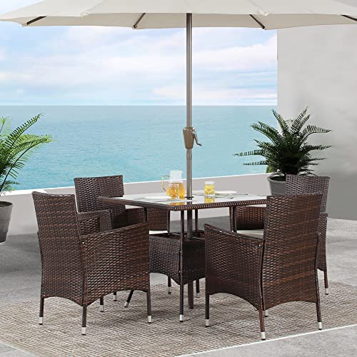 Wisteria Lane Patio Dining Set, 5-Piece Wicker Outdoor Table And Chairs Set For 4, Square Tempered Glass Table Top With Umbrella Hole, Rattan Outdoor Furniture Set For Backyard Deck, Brown #TOP1