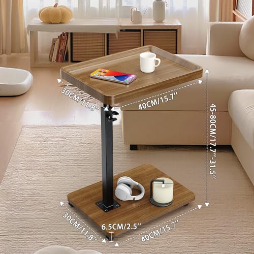 Lnopever Adjustable Side Table C Shaped Side Table with Wheels ＆ 360° Swivel Tray, Swivel Side Tables for Living Room, Swivel Sofa Table C Table for Small Spaces & Bedroom (Walnut)
