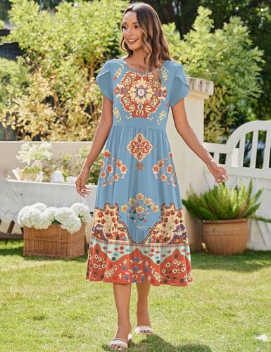 Image of Zeagoo Women Summer Midi A Line Dress Short Sleeve Casual Flowy Tiered Beach Long Sundress with Pockets 2026 Vacation Travel