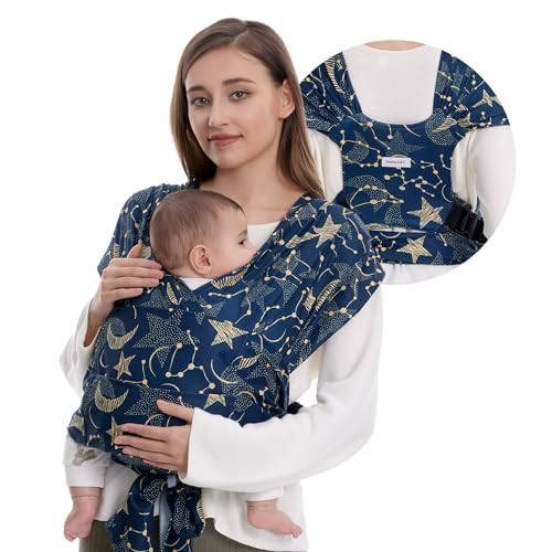 Image of Momcozy Baby Wrap Carrier Skin-Friendly Fabric, Easy to Wear Baby Sling T-Shirt Design, Hands Free Baby Carriers Newborn to Toddler 8-35lbs, Adjustable Buckle Suit for Waist 27-47inch, Starry Sky