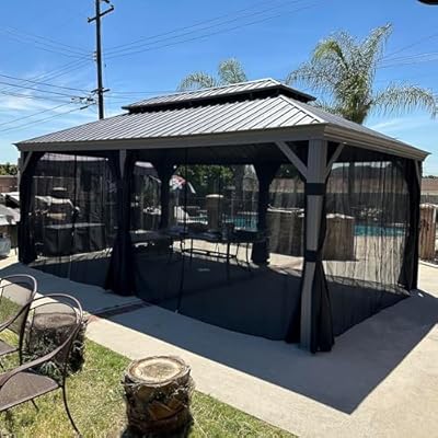 PURPLE LEAF 12' x 20' Permanent Hardtop Gazebo with Galvanized Steel Double Roof and Aluminum Frames Outdoor Large Pavilion Gazebo for Patio Deck Garden, Netting and Curtains Included, Light Grey