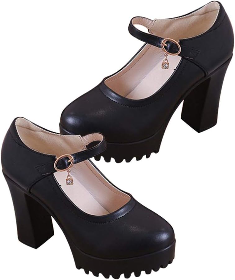 Happyyami 1 Pair Pumps Platform Shoes Girl High- Heeled Shoes Women Ankle Strap Heels High Heels Aline Dress for Women Non-Skid Heels Fashionable Woman Inside: Leather Creeper Black