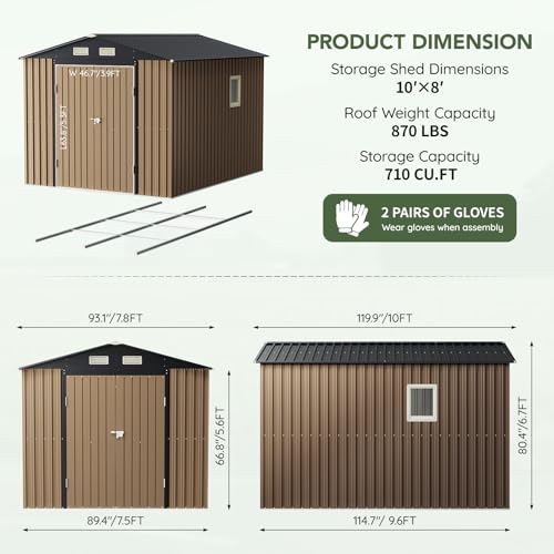 Image of Upgrade 10x8FT Outdoor Metal Storage Shed with Floor Frame, Double Swing Doors,Clear Windows, Tool Shed for Garden, Patio, Backyard Brown