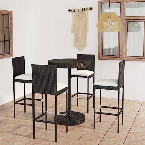 QJBSAVVA 5-TLG. Gartenbar-Set Schwarz Rattan 75,5 cm Bartisch+4...