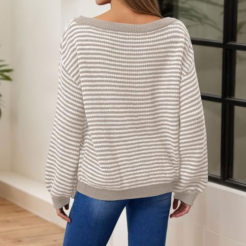 Off The Shoulder Sweater Striped Drop Shoulder Oversized Knit Pullover Long Sleeve Loose Lightweight Jumper Tops4