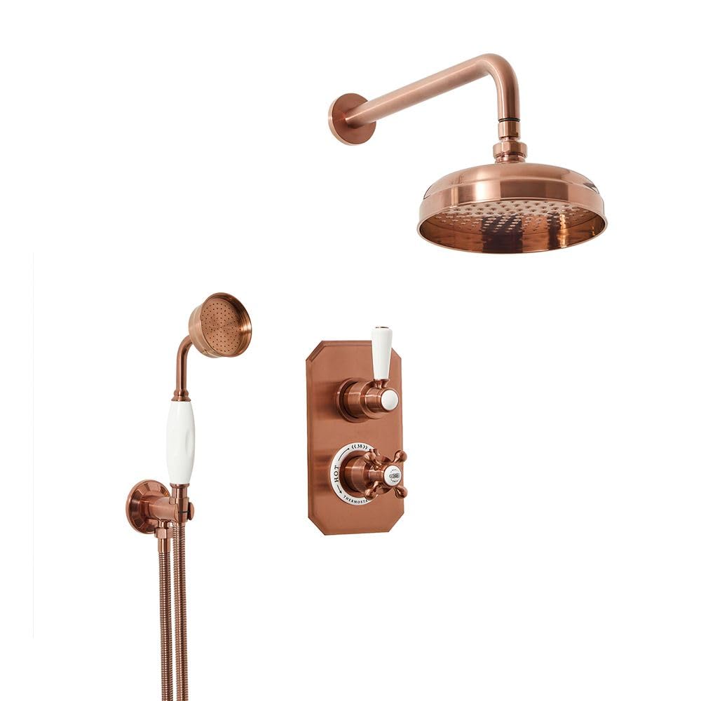 Milano Elizabeth Thermostatic Mixer Valve 205mm Round Shower Head Handset - Copper