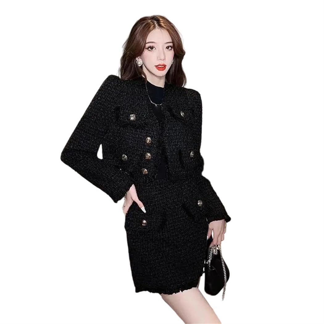 Womens Autumn Winter Tweed 2-Piece Set with Small Fragrance Skirt and Jacket Ensemble