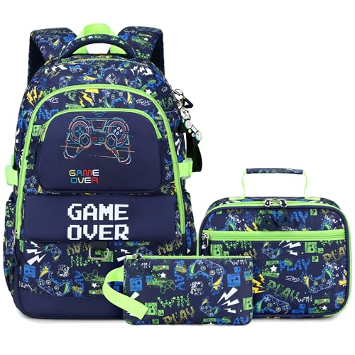 Makukke Schulrucksack Set für Teenager Jungen, Gamer Schultaschen mit Brotdose und Federmäppchen, Geschenke Coole Schulranzen für Grund und Mittelschüle