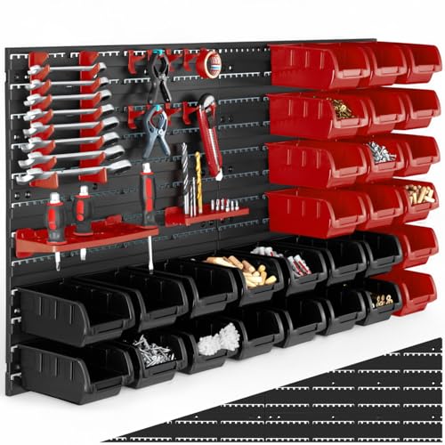 tectake® Kleinteilemagazin, flexibel erweiterbare Werkzeugwand, Lochwand Werkstatt mit 28 Stapelboxen, Sortierregal, Werkzeughalter Wand, Werkzeug Wandhalterung für Schrauben, Muttern - pro Stück