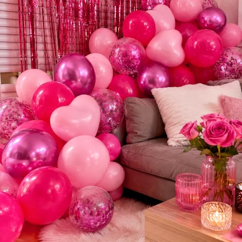 Image of Pink Balloons, 12 Inch Hot Pink Heart Metallic Princess Birthday Balloons
