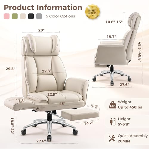 Image of Big and Tall Office Chair, Flip Armrests for Pets & Cross Legged Sitting, Ergonomic Leather Executive Desk Chair with Foot Rest, High-Back Reclining Computer Chairs for Home Office Gaming, Beige