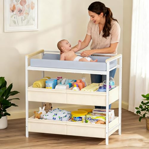 Image of Cidaziya Baby Changing Table with Safety Bumper, Sturdy Diaper Change Station with Adjustable Devider in Large Storage Bin, Nursery Dresser for for Cloth Change, Baby Furniture Diaper Organizer,White