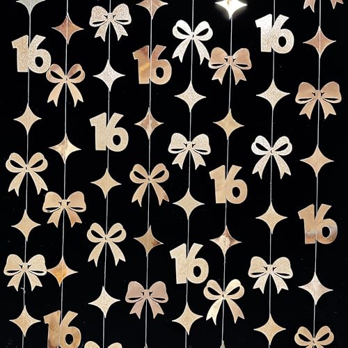 Image of Champagne Gold 16th Bow Birthday Decorations Champagne Conquette Bow Garland Streamer Banner Backdrop for Girls Boys Happy 16th Birthday Sweet Sixteen Cheers to 16 Years Old Anniversary Party Supplies