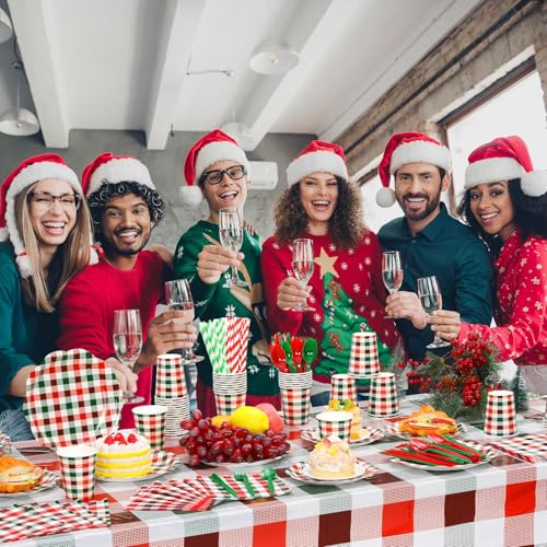 Image of Funnymoom 452 Pcs Red and Green Christmas Buffalo Plaid Party Supplies for 50, Scalloped Christmas Gingham Plaid Paper Plates Napkins Cups Tablecloth Cutlery Straws for Rustic Holiday Party Decoration