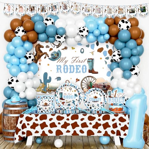 Hombae My First Rodeo Decorations Boy, Blue Western Cowboy First Party Supplies for Boy, 1st Birthday Decorations Boy, Backdrop Balloon Banner Tablecloth Cake Topper Tableware Plates Napkins Forks