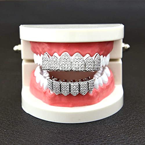 HH BLING EMPIRE Iced Out Diamond Teeth Grillz for Men Women, Hip Hop Silver Grills for your teeth Top and Bottom, Rapper Costume Mouth Grillz with Silicone Molding Bars4