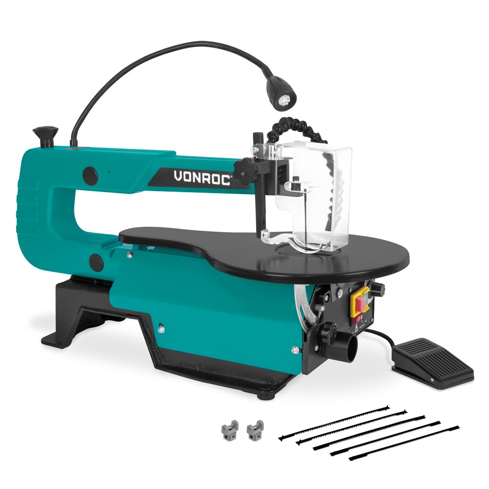 VONROC Sega da Traforo 120W - Incl. 6 Lame, Pedale, LED, Soffiaggio Polvere - Per Legno, Metallo, Plastica