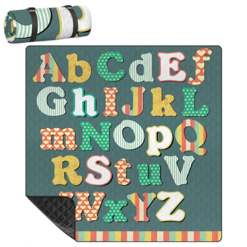 Shimoshe Extra Large Picnic Blankets 79”x 79”, Colorful English Letters Alphabet Waterproof Foldable Picnic Mat with Straps Portable Beach Blanket for Camping Park Grass Beach Indoor