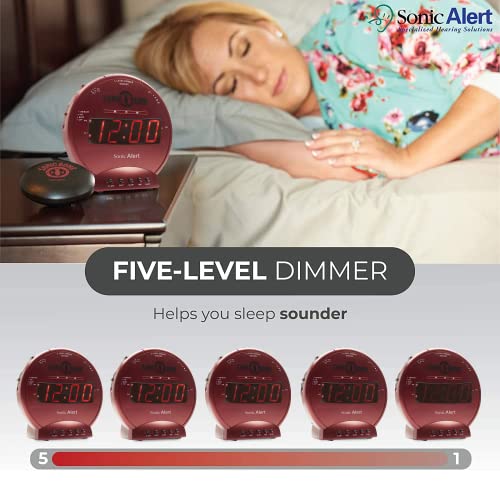 Image of Sonic Alert Sonic Bomb Dual Alarm Clock with Bed Shaker, Red Vibrating Alarm Clock Heavy Sleepers, Battery Backup | Wake with a Shake