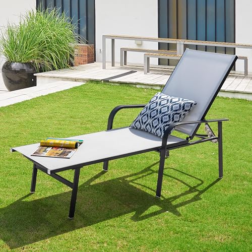 Image of NUU GARDEN Aluminum Outdoor Chaise Lounge Chair, Patio Outdoor Textilene Lounge Chair with 6 Position Adjustable Backrest and Curved Armrests, for Outside, Patio, Garden, Poolside, Gray