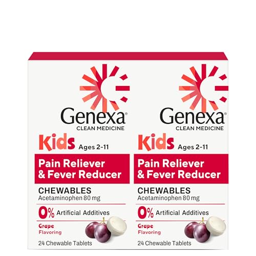 Image of Genexa Kids’ Clean Pain & Fever Acetaminophen Chewables, Dye Free, 0% Artificial Additives, Delicious Grape Flavor, Chewable Medicine for Children 2-11, 80 mg per Tablet, 48ct (2 Pack)