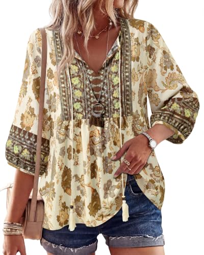 Image of Vivilli Womens Summer Boho Babydoll Tops 3 /4 Sleeve Pleated Peplum Blouses Casual V Neck Tie Front 2026 Tunic Tops