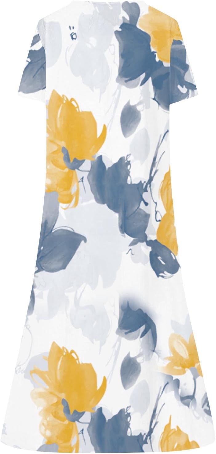 Maxi Dresses for Seniors 2026 Trendy Short Sleeve Tshirt Dress Summer Casual Floral Button Beach Vacation Sundress - Image 4